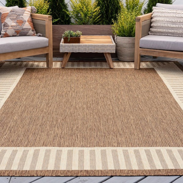 Eco Striped Border Brown 8 ft. x 10 ft. Indoor/Outdoor Area Rug