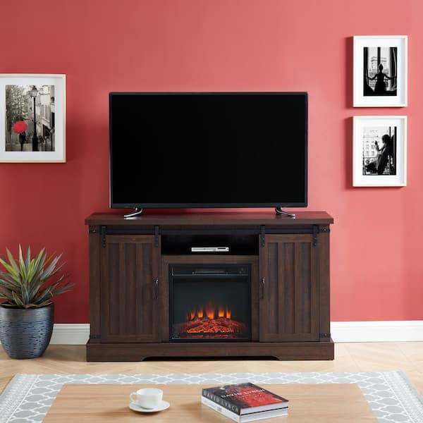 EDYO LIVING 54 in. Freestanding Media Console Electric Fireplace TV Stand with Sliding Barn Door in Espresso