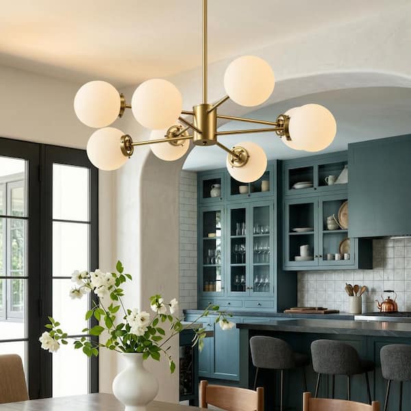 Merra 8-Light Antique Brass Sputnik Style Chandelier with White