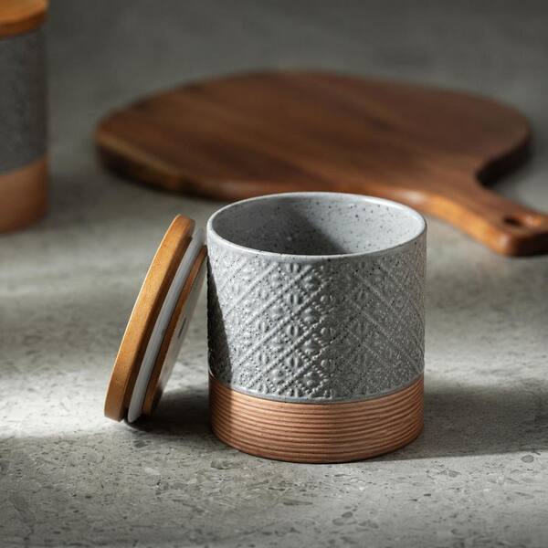 Gray Ceramic Coffee Grounds Container with Wooden Lid, Airtight 20 fl. oz. Canister for Kitchen Storage