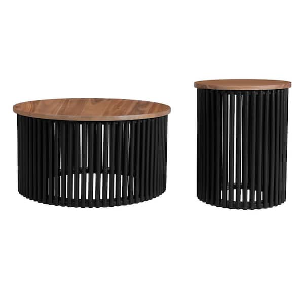 2-Piece Brown Acacia Wood Round Outdoor Coffee Tables
