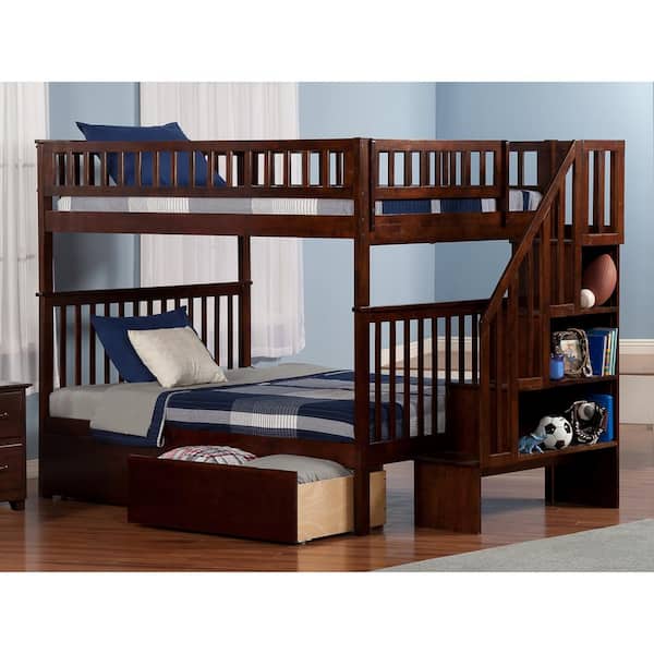 AFI Woodland Walnut Full Over Full Staircase Bunk Bed with 2-Urban Bed Drawers
