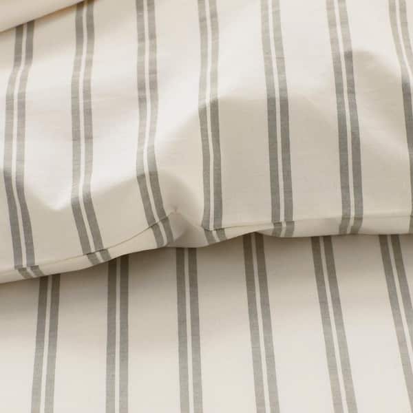 Narrow Stripe T200 Yarn Dyed Moss Green King Cotton Percale Duvet Cover
