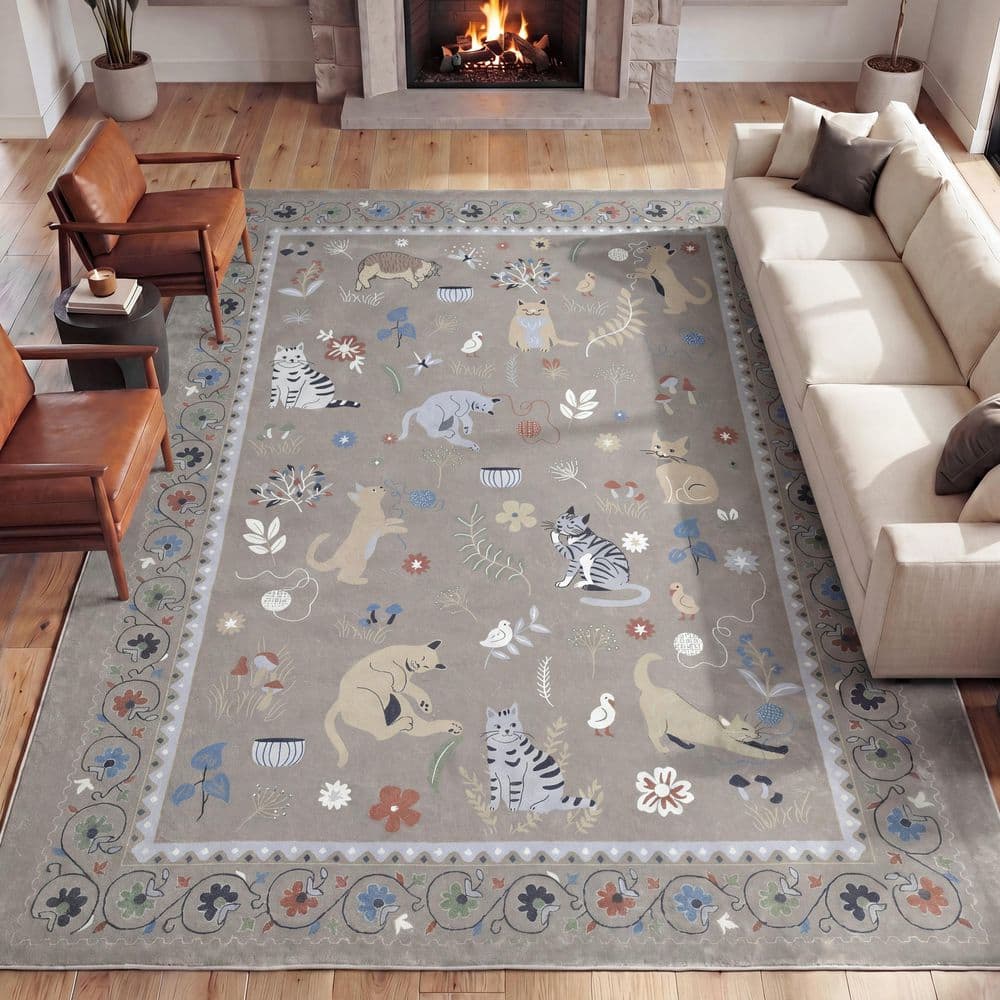 Catmosphere Festive Feline Floral Border Non-Slip Machine-Washable Taupe 5 ft. x 8 ft. Area Rug price history on PriceWatchPro