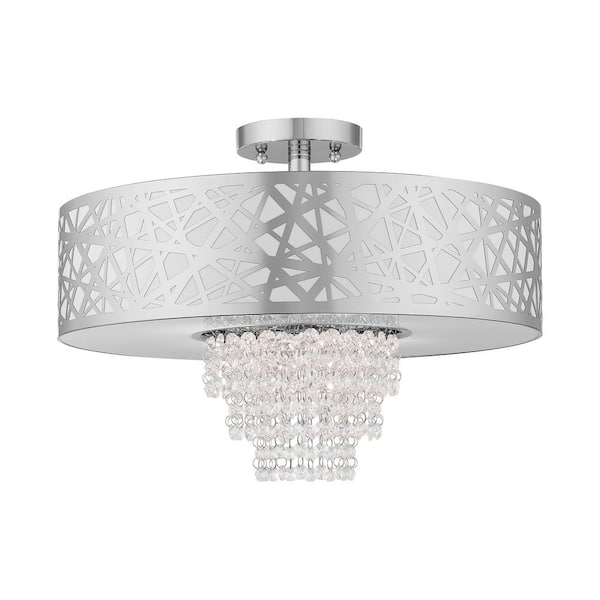 AVIANCE LIGHTING Vadnerhaven 18 in. 4-Light Polished Chrome Semi Flush Mount Light with Off-White Fabric Shade Inside