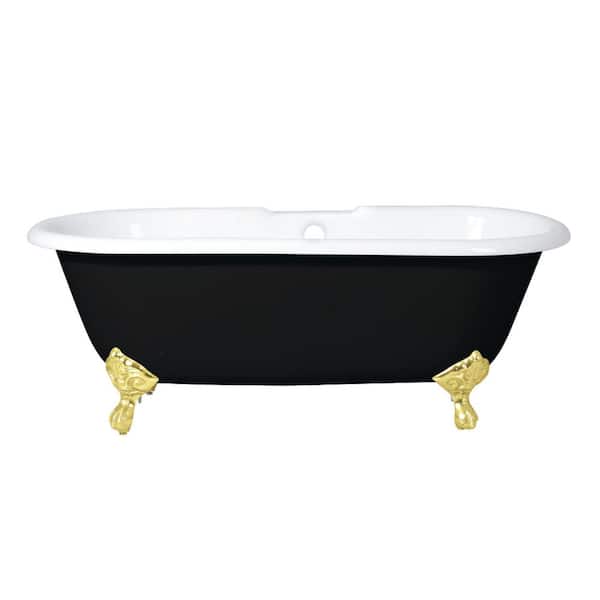 Aqua Eden 66 in. x 30.1 in. Cast Iron Oval Clawfoot Soaking Bathtub in Black/White/Polished Brass