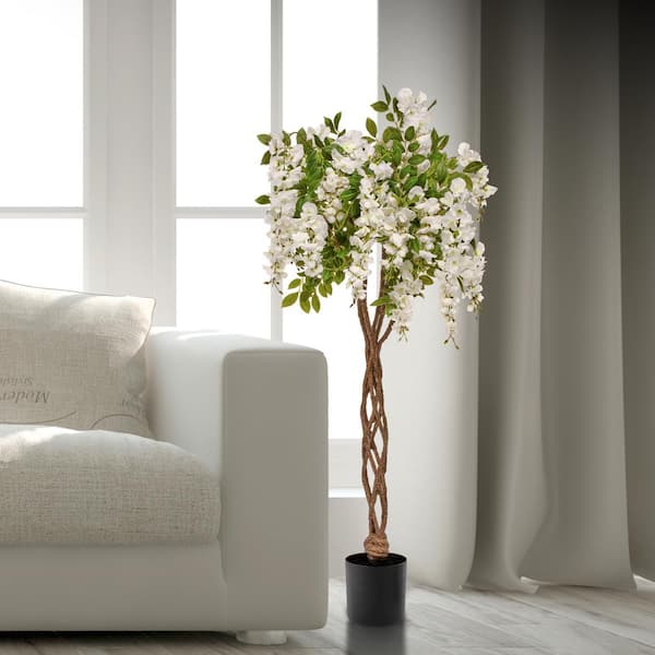48 in. White Artificial Wisteria Tree in Pot