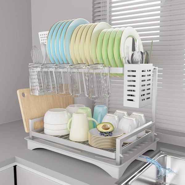 Wudkey 2-Tier Stainless Steel Dish Racks with Drainboard and Utensil Holders for Kitchen Counter and Sink, Silver