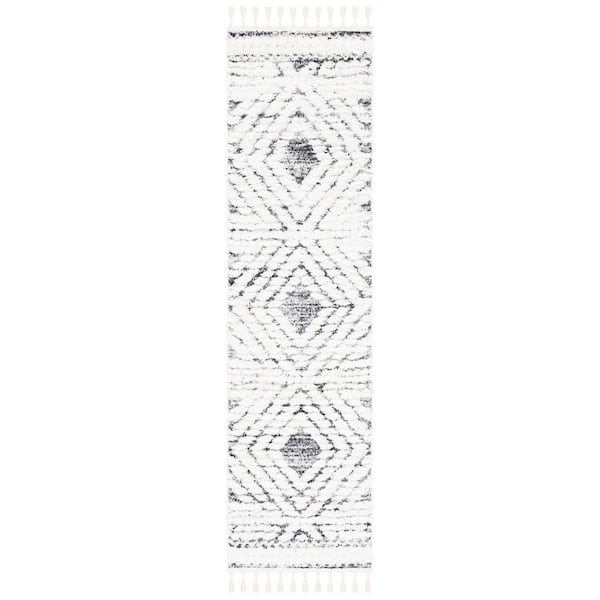Moroccan Tassel Shag 2 ft. x 10 ft. Ivory/Gray Diamond Fringe Runner Rug