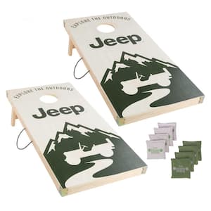 Jeep Cornhole Bean Bag Toss Game - Mountain Scene Logo Wood Boards with 8 Green and Gray Beanbags