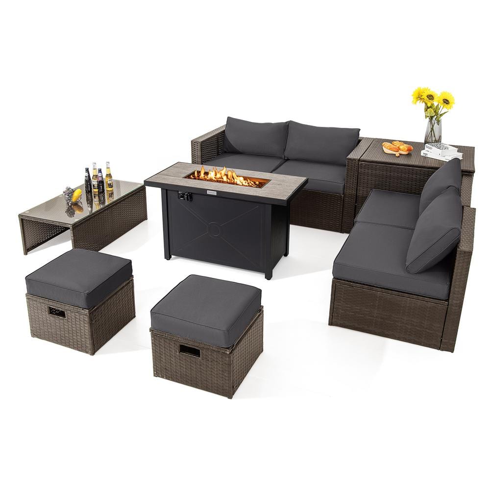 9-Piece PE Wicker Patio Conversation Set with Fire Pit Table Gray Cushions Outdoor Space-Saving Sectional Sofa Set -  HONEY JOY, TOPB007190