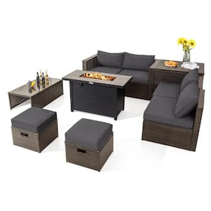 9-Piece PE Wicker Patio Conversation Set with Fire Pit Table Gray Cushions Outdoor Space-Saving Sectional Sofa Set