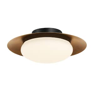 Zinola 15 in. 1-Light Sand Black and Halcyon Gold LED Flush Mount with Etched Opal Glass Shade and No Bulbs Included