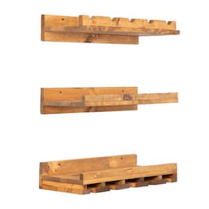 Rustic Luxe 5-Bottle Light Brown Pine Wood Three Piece Set Wall Mounted Wine Rack