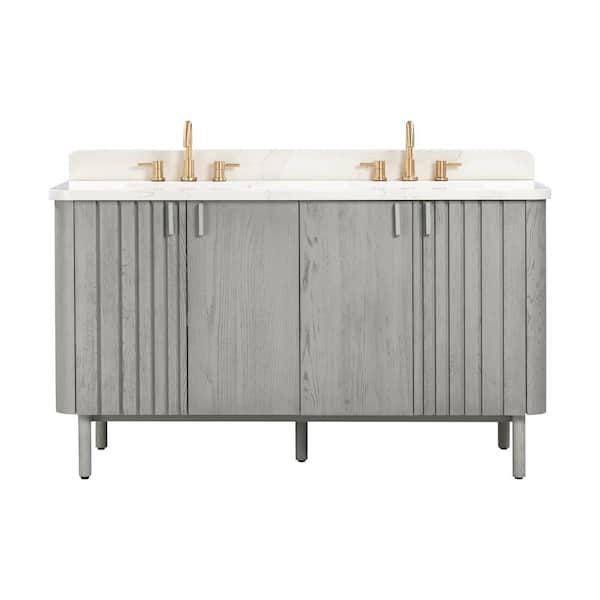 Blakely 61 in. Double Sink Gray Oak Bath Vanity with Calacatta White Quartz Top