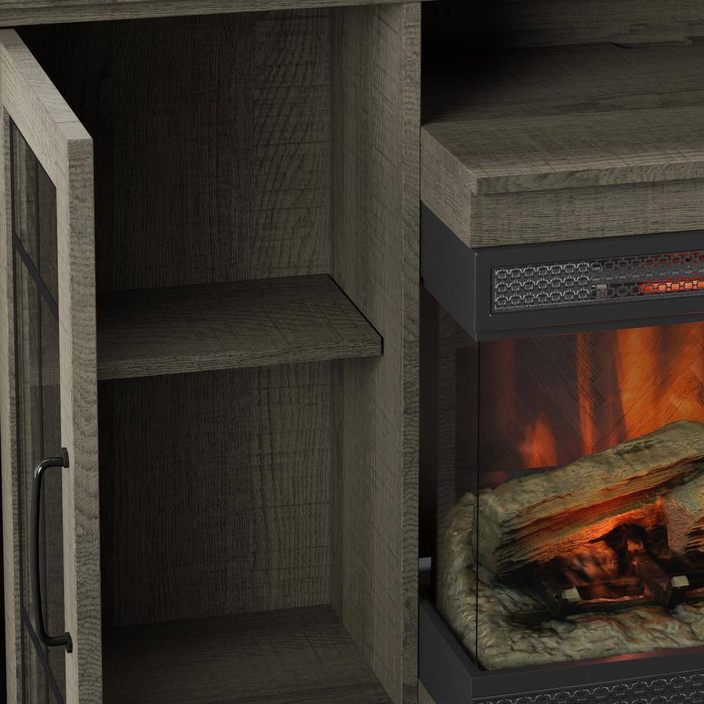 Saw Cut Oak TV Stand with Panorama Electric Fireplace and Glass Cabinets