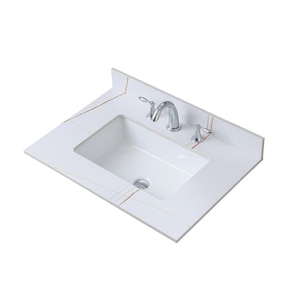 Tileon 31 in. Bathroom Stone Vanity Top White Gold Color with Undermount Ceramic Sink and 3-Faucet Holes