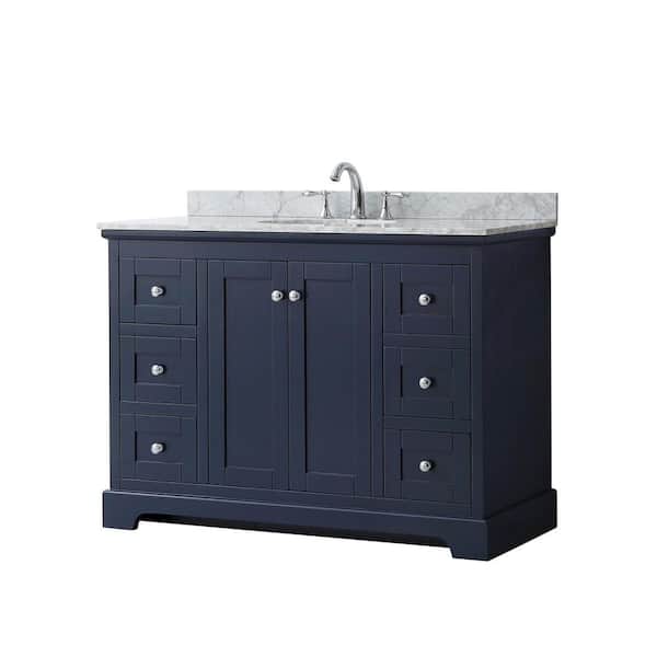 Wyndham Collection Avery 48 in. W x 22 in. D x 35 in. H Single Bath Vanity in Dark Blue with White Carrara Marble Top
