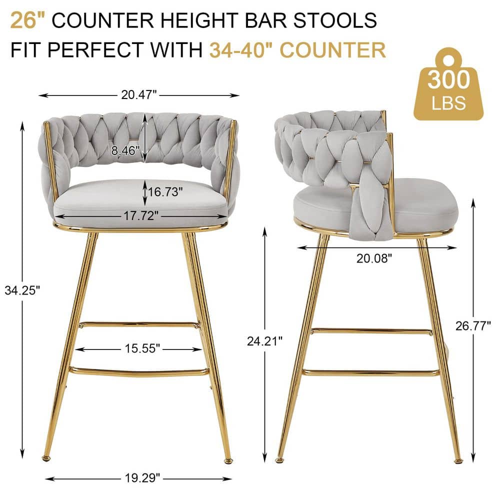 Measurement diagram of a gray velvet bar stool.