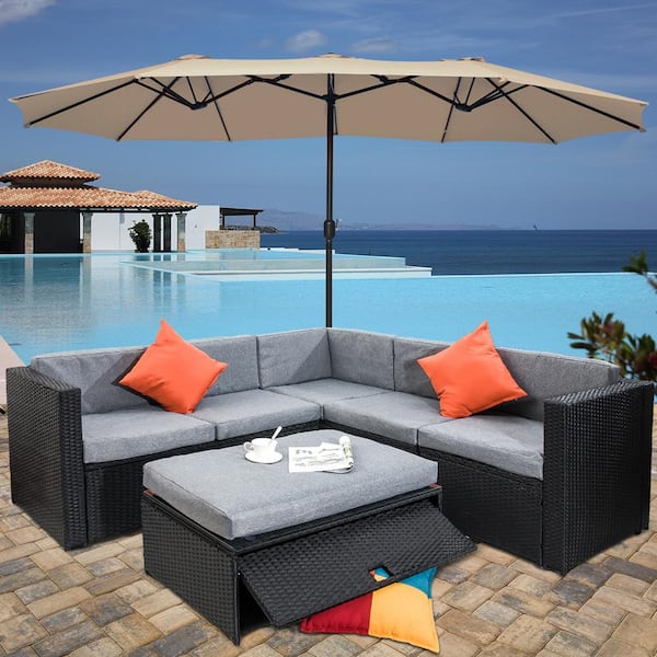 15 ft. Steel Market Patio Umbrella with Crank and Stand in Beige