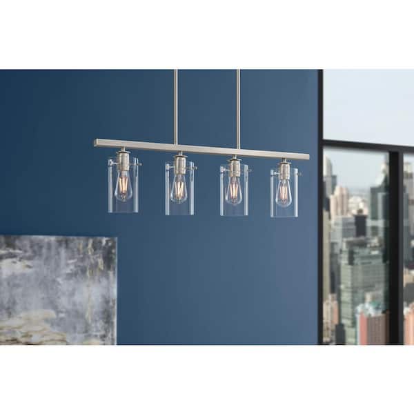 Hampton Bay Regan 4-Light Brushed Nickel Island Chandelier with Clear Glass Shades, Industrial Linear Kitchen Pendant Light