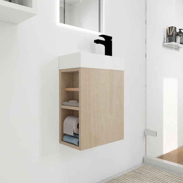 Staykiwi 16 in. W x 9 in. D x 22.5 in. H Single Sink Floating Bath Vanity in Plain Light Oak with White Acrylic Sink Top