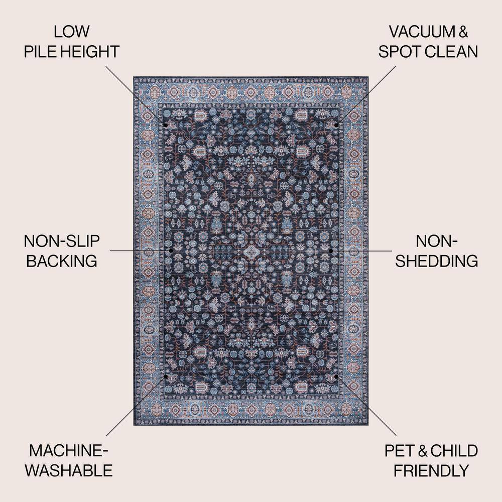 Kemer Black and Blue Washable Synthetic Persian Area Rug