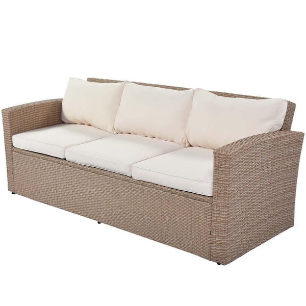 Zeus & Ruta 4-Piece Wicker Patio Conversation Set Furniture Sofa Set for Balcony, Poolside, Garden with Beige Cushions