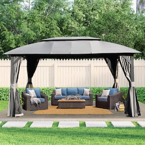 10 ft. x 14 ft. Gray Heavy Duty Metal Outdoor Gazebo with Double Roofs, Privacy Curtains, Mosquito Nettings