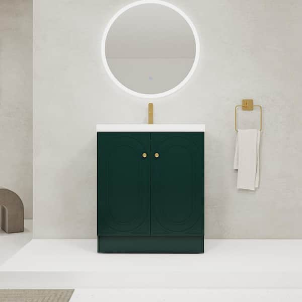 30 in. Freestanding Green Bath Vanity with White Resin Top, Bathroom Storage Cabinet with Adjustable Shelf Unassembled