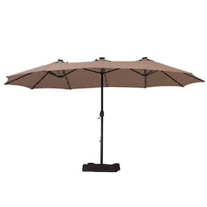 15 ft. Steel Pole Market Solar Light No Tilt Patio Umbrella with With Plastic Base and Steel Cross Base in Tan