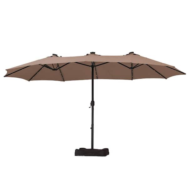 Kadehome 15 ft. Steel Pole Market Solar Light No Tilt Patio Umbrella with With Plastic Base and Steel Cross Base in Tan