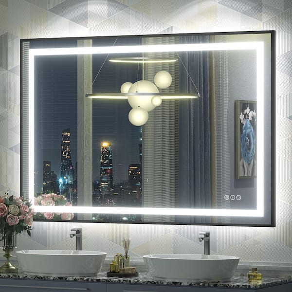 48 in. W x 32 in. H Rectangular Framed Front and Back LED Lighted Anti-Fog Wall Bathroom Vanity Mirror in Tempered Glass