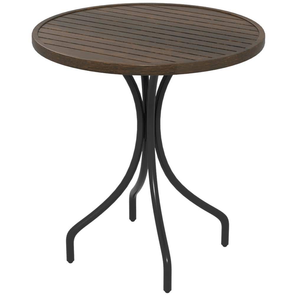 Brown Steel Outdoor Side Table 26 in. Round Patio Table with Slat Tabletop 