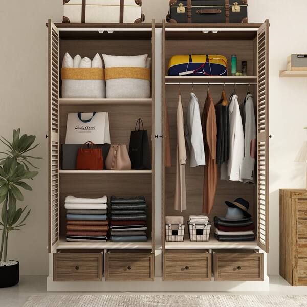 PAKASEPT Armoire Wardrobe With Drawers & LED Light - 70.9" Tall Farmhouse Style Wooden Closet, 2 Arched Doors, Shelves & Hanging Rod