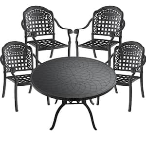 Black 5-Piece Cast Aluminum Outdoor Dining Set, Patio Furniture with 47.24 in. Round Table and Random Color Cushions