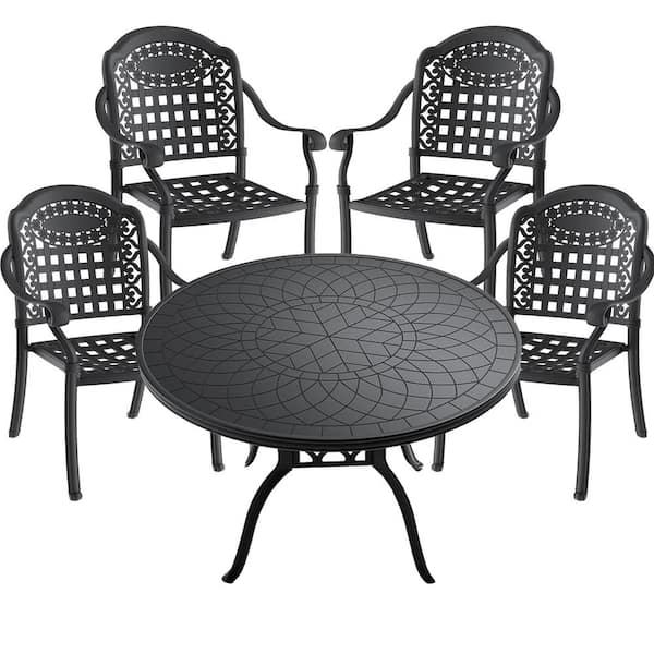 ToolCat Black 5-Piece Cast Aluminum Outdoor Dining Set, Patio Furniture with 47.24 in. Round Table and Random Color Cushions
