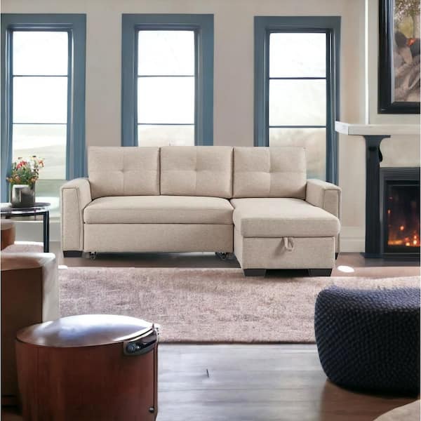 HomeRoots Amelia 92 in. Straight Arm Polyester Blend Rectangle Sofa in Beige