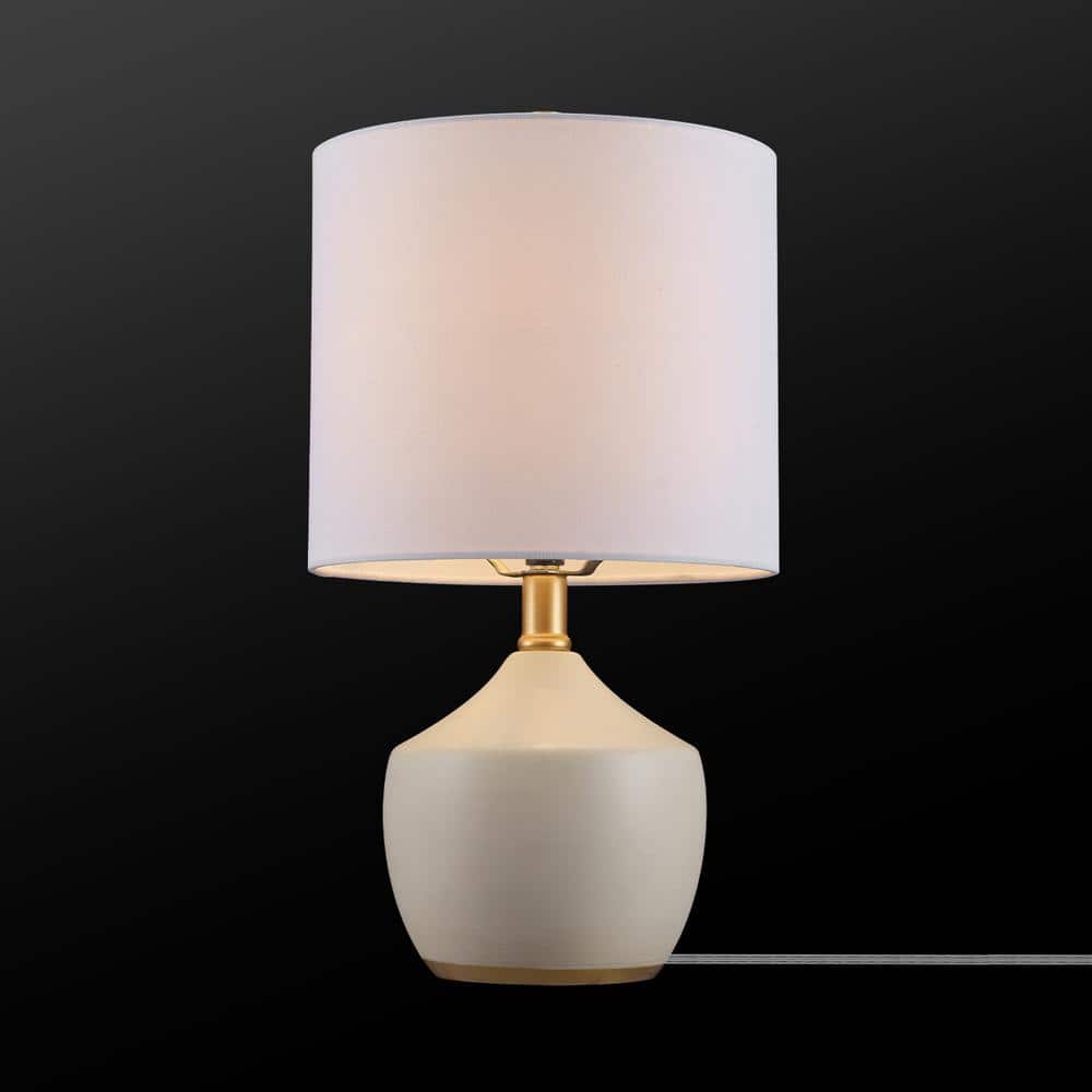 Cream Ceramic Table Lamp with White Linen Shade and Brass Accents