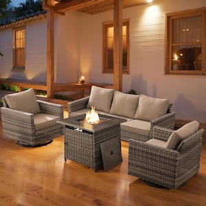 4-Piece Gray Wicker Fire Pit Conversation Set with Olefin Gray Cushions and U-Foot Swivel Glider Chairs