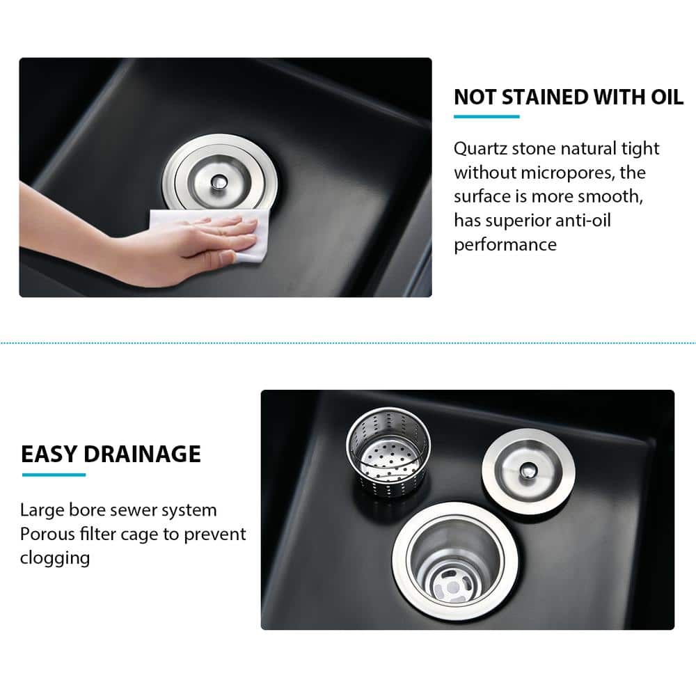 Matte Black Quartz Double Bowl Undermount Kitchen Sink with Basket Strainer
