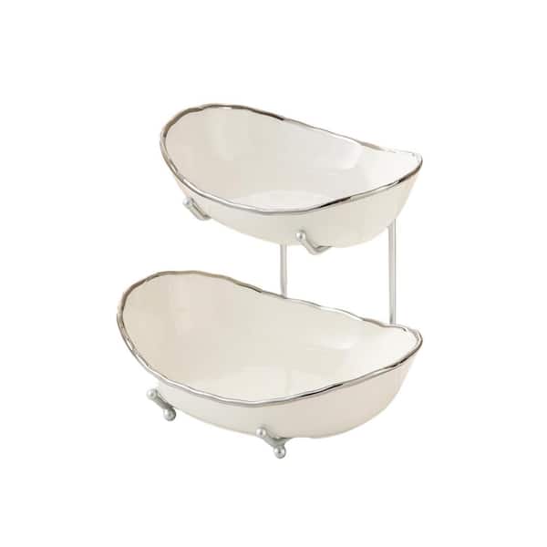 Anqtovp 2-Tier Ceramic Fruit Bowl for Kitchen Countertop and Modern Multi Layer Fruit Display Stand (Silver-rimmed)