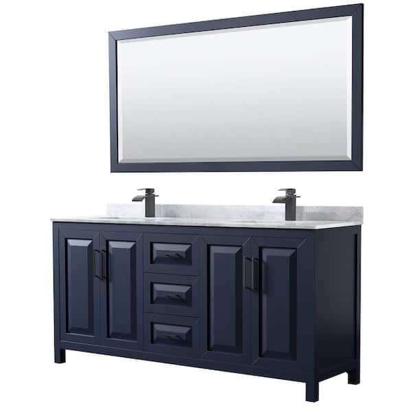Wyndham Collection Daria 72 in. W x 22 in. D x 35.75 in. H Double Bath Vanity in Dark Blue with White Carrara Marble Top and 70 in. Mirror