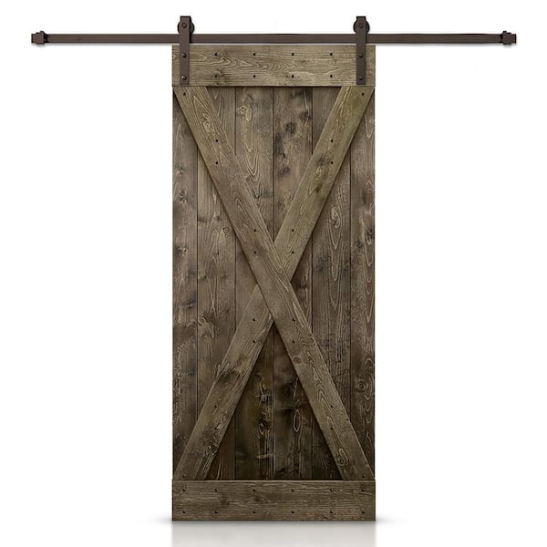 CALHOME Distressed X 38 in. x 84 in. Espresso Stained DIY Solid Knotty Pine Wood Interior Sliding Barn Door with Hardware Kit