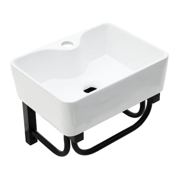 LORDEAR 16 in. White Wall Mount Rectangular Bathroom Ceramic Console Sink with Towel Rack Single Faucet Hole