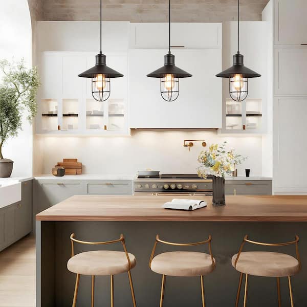 Modern Industrial 1-Light Black Pendant with 10.2 in. W Clear Glass Shade Metal Wire Cage Shade Barn Ceiling Chandelier