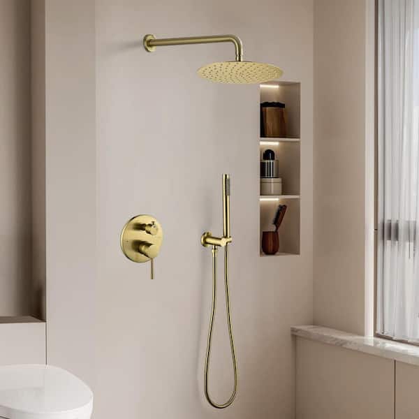 1-spray Patterns 9.84 in. Wall Mount Dual Fixed and Handheld Shower Head 1.8 GPM in Brushed Gold