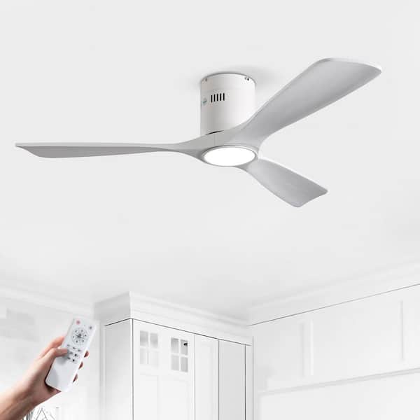 52 in. White 3 Wood Blades Flush Mount Standard Ceiling Fan With Dimmable LED Light and Remote Control for Living Room
