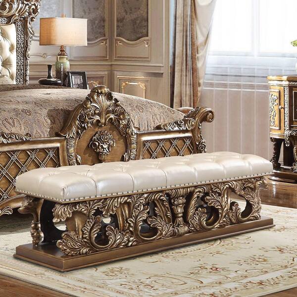 Constantine Light Gold Synthetic Leather, Brown & Gold Finish 22 in.  Bedroom Bench Without Back