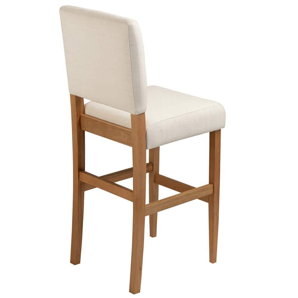 Natural White Sand Upholstered Bar Height Stools with Wood Base, Set of 2